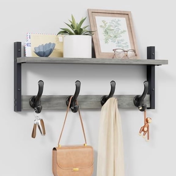 20" Rustic Coat Rack Wall Mount with Shelf, Wall Hooks with Shelf, Heavy Duty Entryway Organizer Hangers for Hanging, Hat, Bag, Jacket for Bathroom, Living Room, Bedroom, Gray