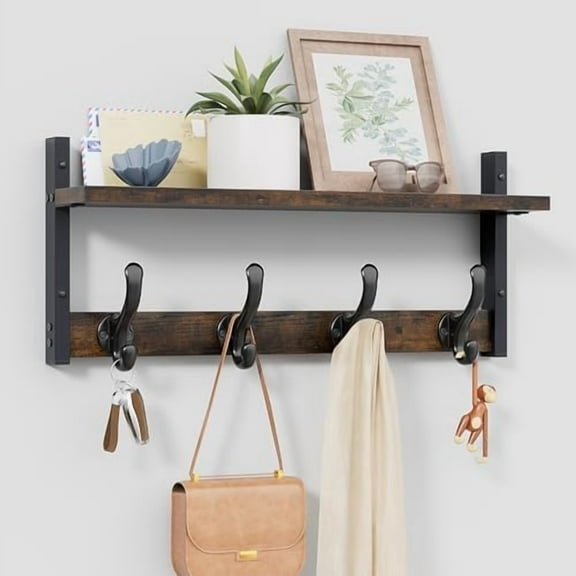 20" Rustic Coat Rack Wall Mount with Shelf, Wall Hooks with Shelf, Heavy Duty Entryway Organizer Hangers for Hanging, Hat, Bag, Jacket for Bathroom, Living Room, Bedroom, Rustic Brown