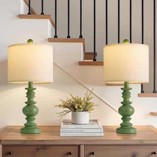 20" Sage Green Table Lamps Set of 2 – Farmhouse Resin Bedside Lamps with Linen Shades, Handcrafted Traditional Rustic Lamp for Bedroom, Living Room, or Corner – Ideal for Small Spaces