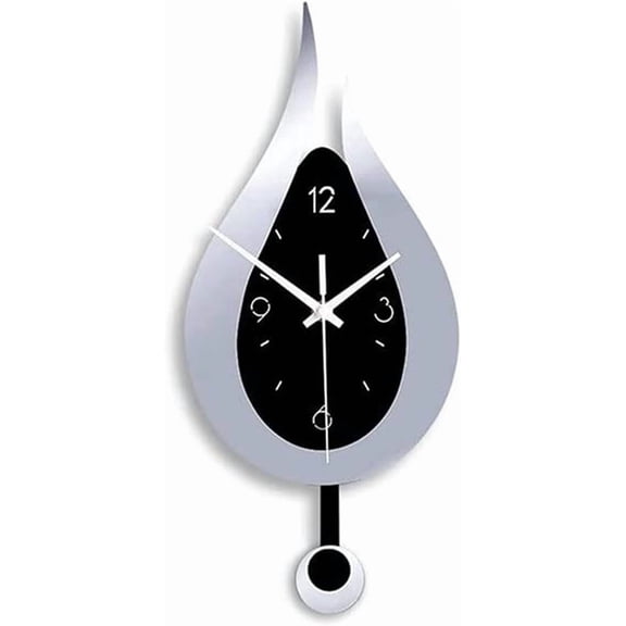 20.4 Inch Large Silent Modern Decoration Wall Clock with Pendulum Arabic Numerals Water Drop Battery Operation for Home Living Room Bedroom(Silver+Black)