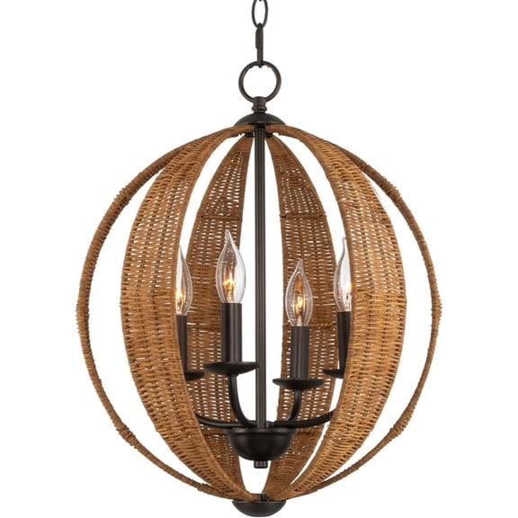 20" 4-Light Modern Rustic Armillary Round Pendant Chandelier, Rattan Style + Oil Rubbed Bronze Finish