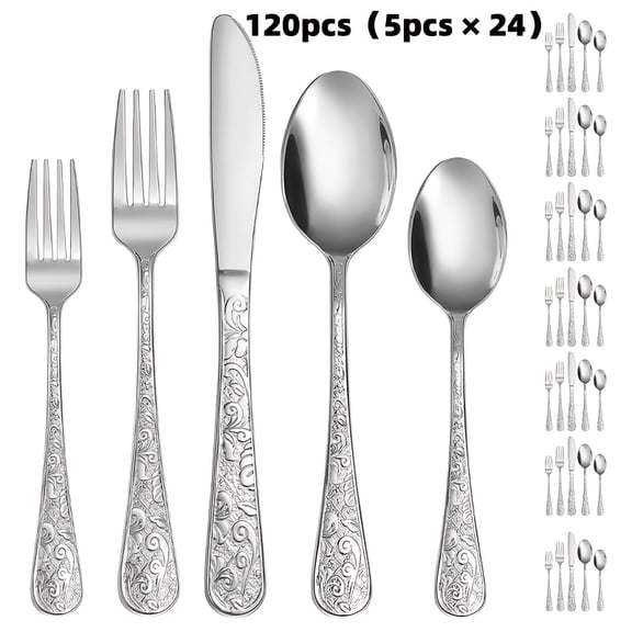20/40/60/120Pcs Vintage Engraved Stainless Steel Flatware Set - Silver/Gold/Rainbow, with Steak Knives, Dishwasher & Oven Safe, Ideal for Dinners, Weddings, Parties & Gifting