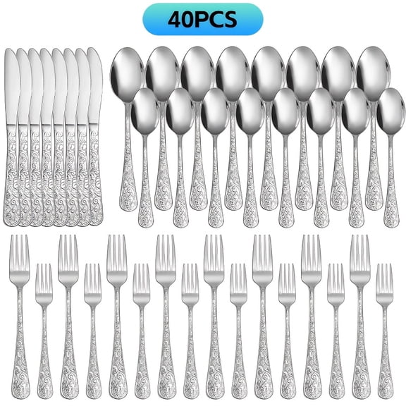 20/40/60/120Pcs Vintage Engraved Stainless Steel Flatware Set - Silver/Gold/Rainbow, with Steak Knives, Dishwasher & Oven Safe, Ideal for Dinners, Weddings, Parties & Gifting