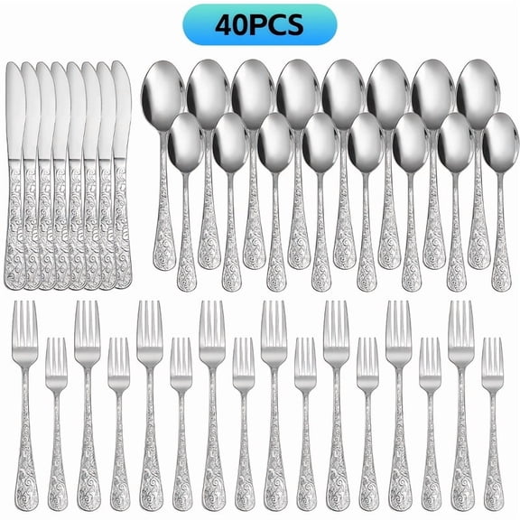 20/40/60/120Pcs Vintage Engraved Stainless Steel Flatware Set, Silvery/Golden/Rainbow Cutlery with Steak Knives, Dishwasher & Oven Safe, for Home/Wedding/Hotel/Restaurant, Ideal Christmas Gift