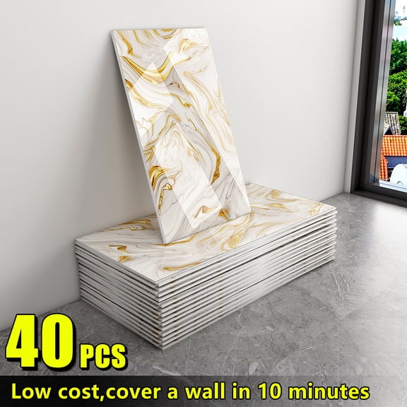20/40-Pack 60x30cm Oversized Self-Adhesive Marble Wall Panels, Peel & Stick Removable PVC Wall Stickers, Glossy Imitation Stone for Kitchen Bathroom Living Room DIY Wall Decor
