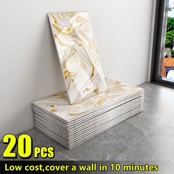 20/40-Pack 60x30cm Oversized Self-Adhesive Marble Wall Panels, Peel & Stick Removable PVC Wall Stickers, Glossy Imitation Stone for Kitchen Bathroom Living Room DIY Wall Decor