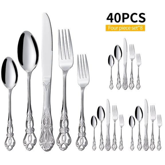 20/40pcs of Beautiful Vintage Silverware Set, Made of silvery Stainless Steel, Perfect for Elegant Dining, an Ideal Gift for Women, And Suitable for Home Kitchens, Restaurants, And Weddings