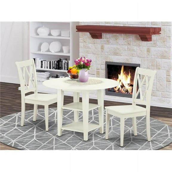 20-42 in. Sudbury Round Table with Two 11 in. Drop Leaves & 2 Double X Back Chairs - Linen White, 3 Piece