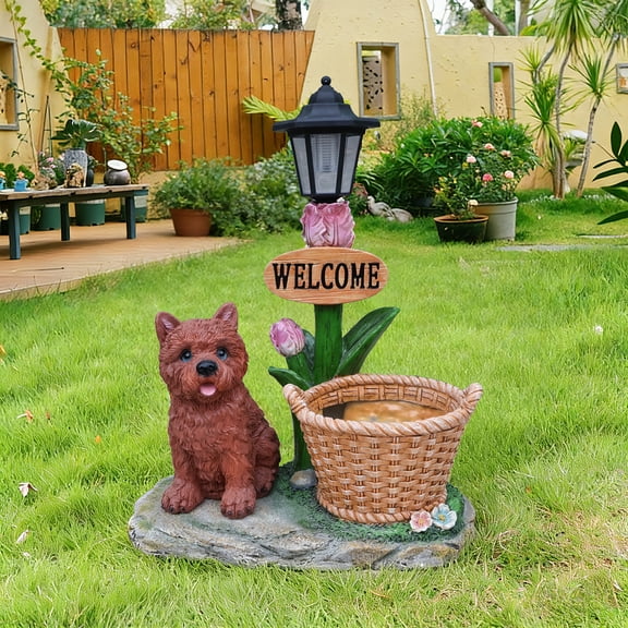 20.47" H Solar Yorkie Planter with Welcome Sign & Lantern, Resin & Fiberglass Dog Flower Pot,Shatterproof Fade Resistant Outdoor Garden Statue for Yard Patio Lawn Decor,Red-Brown+Green