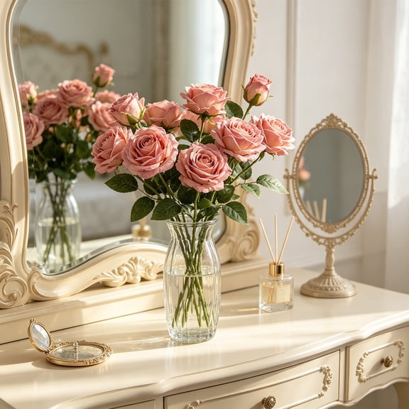 20.47in Length Single Stems 3-Head Vintage Burnt Edge Rose Artificial Flower, Soft Realistic Fake Floral Ornament, Living Room Decor and Professional Wedding Photography Scene Prop Display