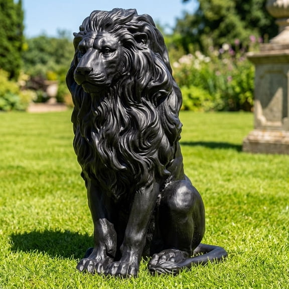 20.5" Black Lion Statue Outdoor Garden Decor, Weather-Resistant Matte Resin Animal Sculpture for Front Porch, Patio and Lawn, Art Deco Home Decor
