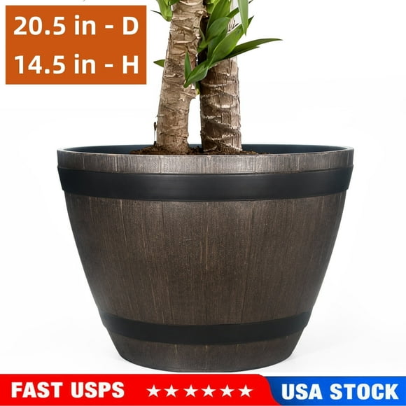 Gamexcel 20.5"D x 14.5''H Large Classic Home Garden Whiskey Barrel Planter Plastic Resin Flower Pot, Brown