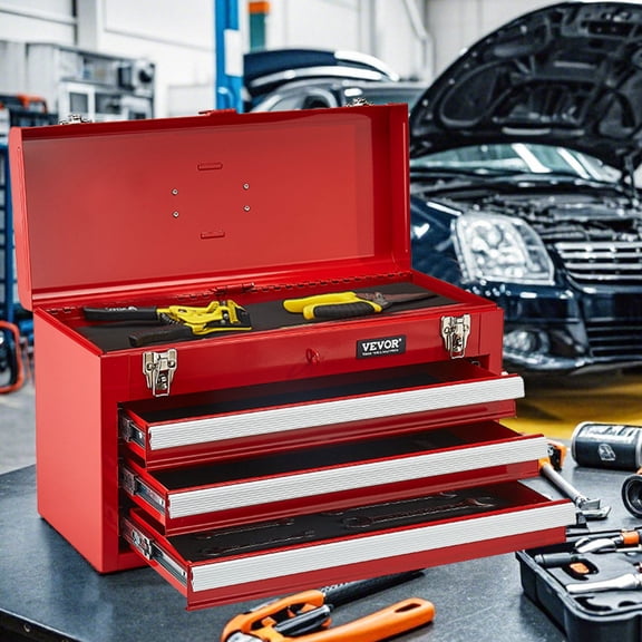 20.5-Inch 3-Drawer Portable Metal Tool Box, Red Tool Organizer and Storage Case with Handle for Home, Garage, Workshop