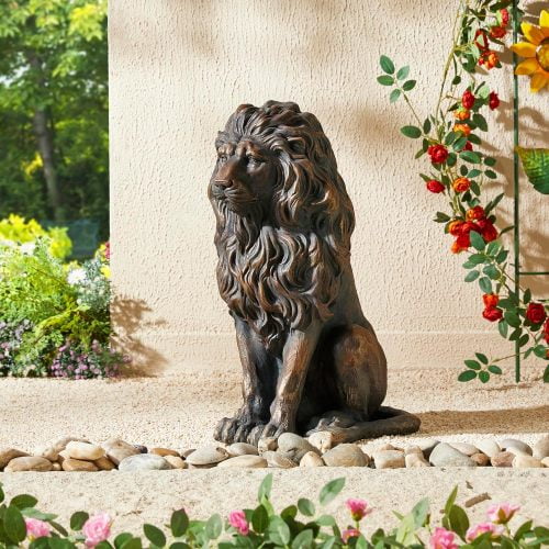 20.5 in. Brown Resin Lion Outdoor Garden Statue Guardian Sculpture Simulated Animal Decor for Villa, Garden, Park