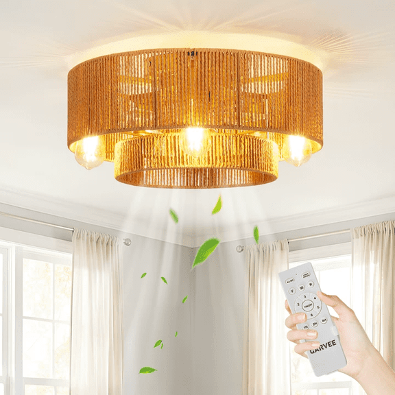 20.5 Inch Flush Mount Ceiling Fan With Light, Rattan Fandelier With Remote And Timer