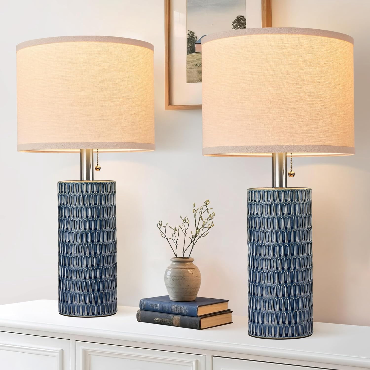20.5”Modern Ceramic Table Lamps for Bedroom Set of 2, Dark Blue ...