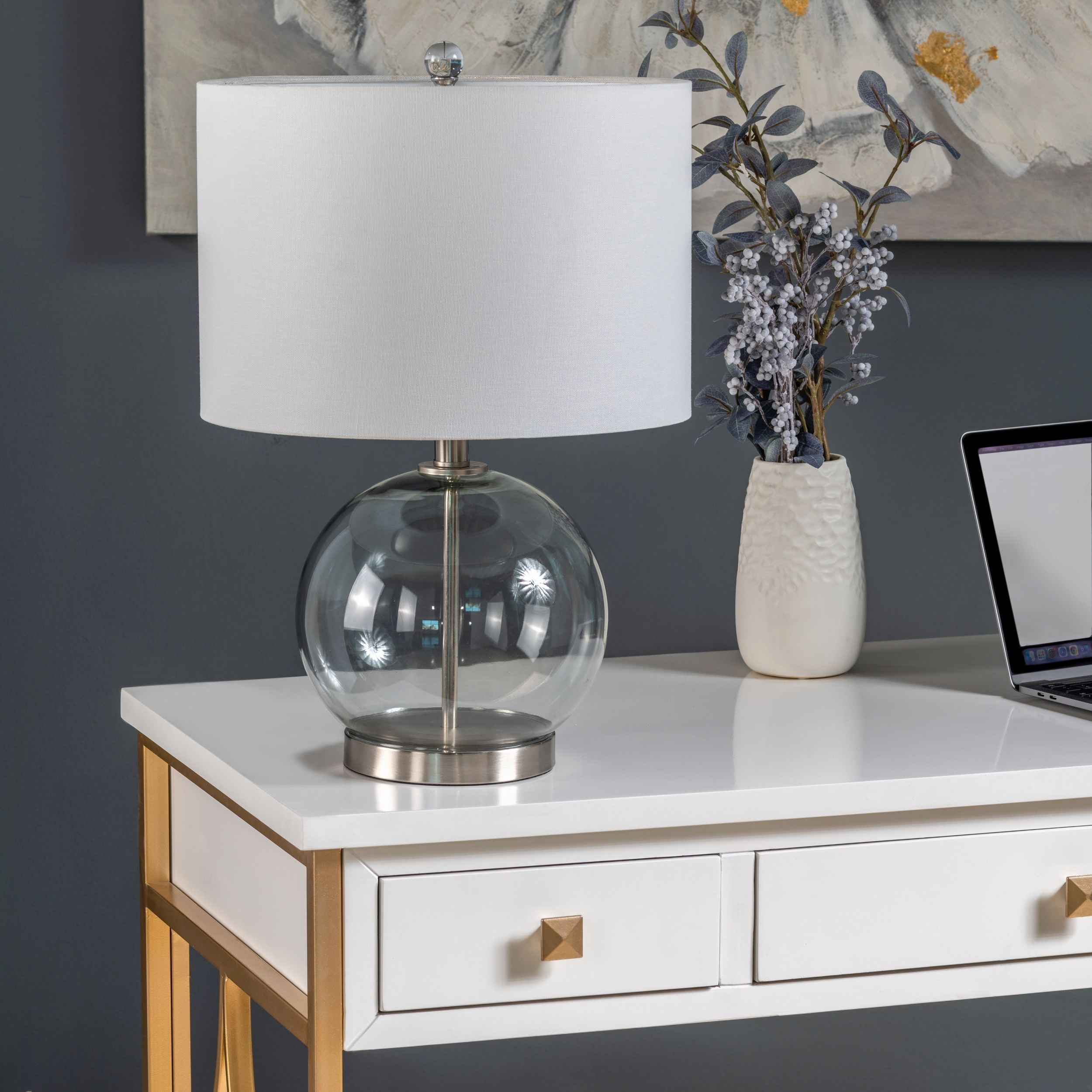 20.5" Gray Glass Table Lamp with White Linen Shade