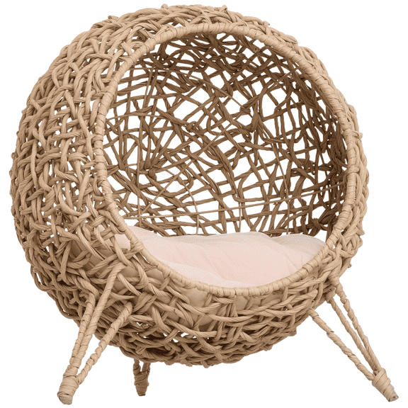 20.5 Weaved Cat Bed Hand-Woven Braided Banana Leaf Kitten House Condo with Cushion Natural