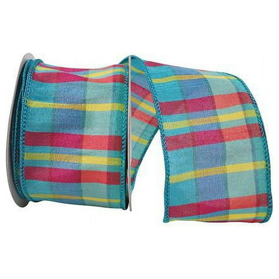 20.5 in. 10 Yards Plaid Blues Wired Edge Ribbon, Turquoise