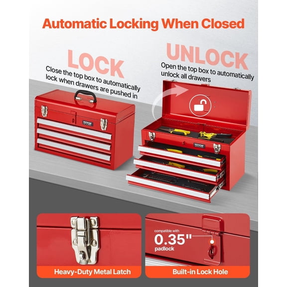 20.5-inch 3-Drawer Portable Metal Tool Box, Red Tool Storage Organizer with Drawers for Home and Workshop Use