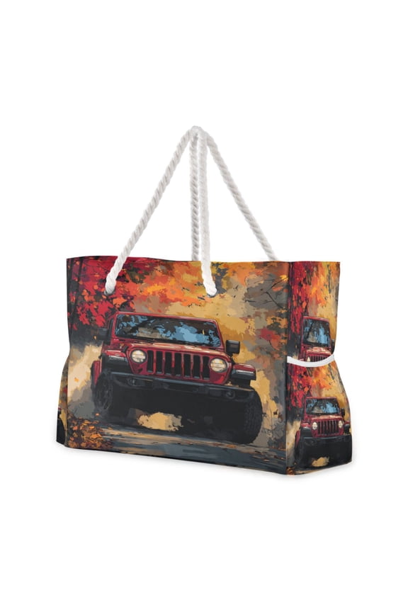 20.5"x15" Large Beach Tote Bag with Rope Handles, Waterproof Nylon, Zipper Closure, Multi-Pockets for Travel, Pool & Daily Use Autumn Trail Red Off-road Jeep