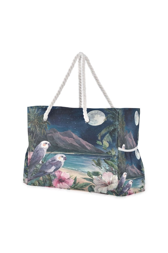 20.5"x15" Large Beach Tote Bag with Rope Handles, Waterproof Nylon, Zipper Closure, Multi-Pockets for Travel, Pool & Daily Use Beautiful Gray Cockatiels