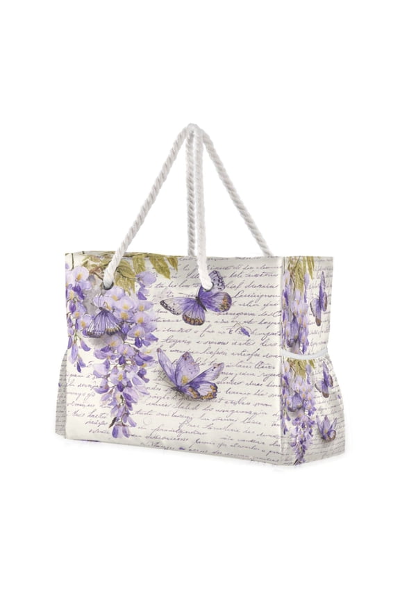 20.5"x15" Large Beach Tote Bag with Rope Handles, Waterproof Nylon, Zipper Closure, Multi-Pockets for Travel, Pool & Daily Use Butterflies and Wisteria Flowers