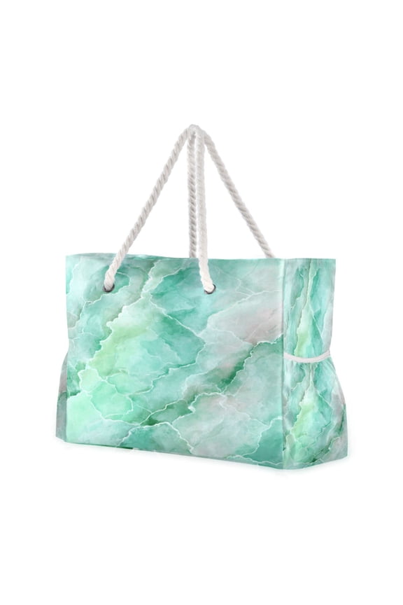 20.5"x15" Large Beach Tote Bag with Rope Handles, Waterproof Nylon, Zipper Closure, Multi-Pockets for Travel, Pool & Daily Use Calm Mint Marble Pattern