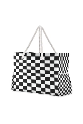20.5"x15" Large Beach Tote Bag with Rope Handles, Waterproof Nylon, Zipper Closure, Multi-Pockets for Travel, Pool & Daily Use Classic Black-and-white Checkered Pattern