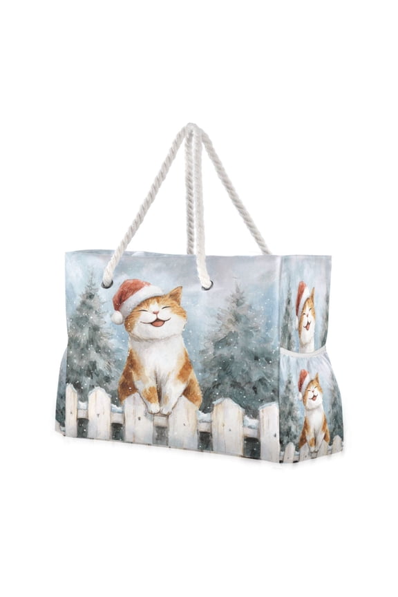 20.5"x15" Large Beach Tote Bag with Rope Handles, Waterproof Nylon, Zipper Closure, Multi-Pockets for Travel, Pool & Daily Use Cute and Brown Happy Cat