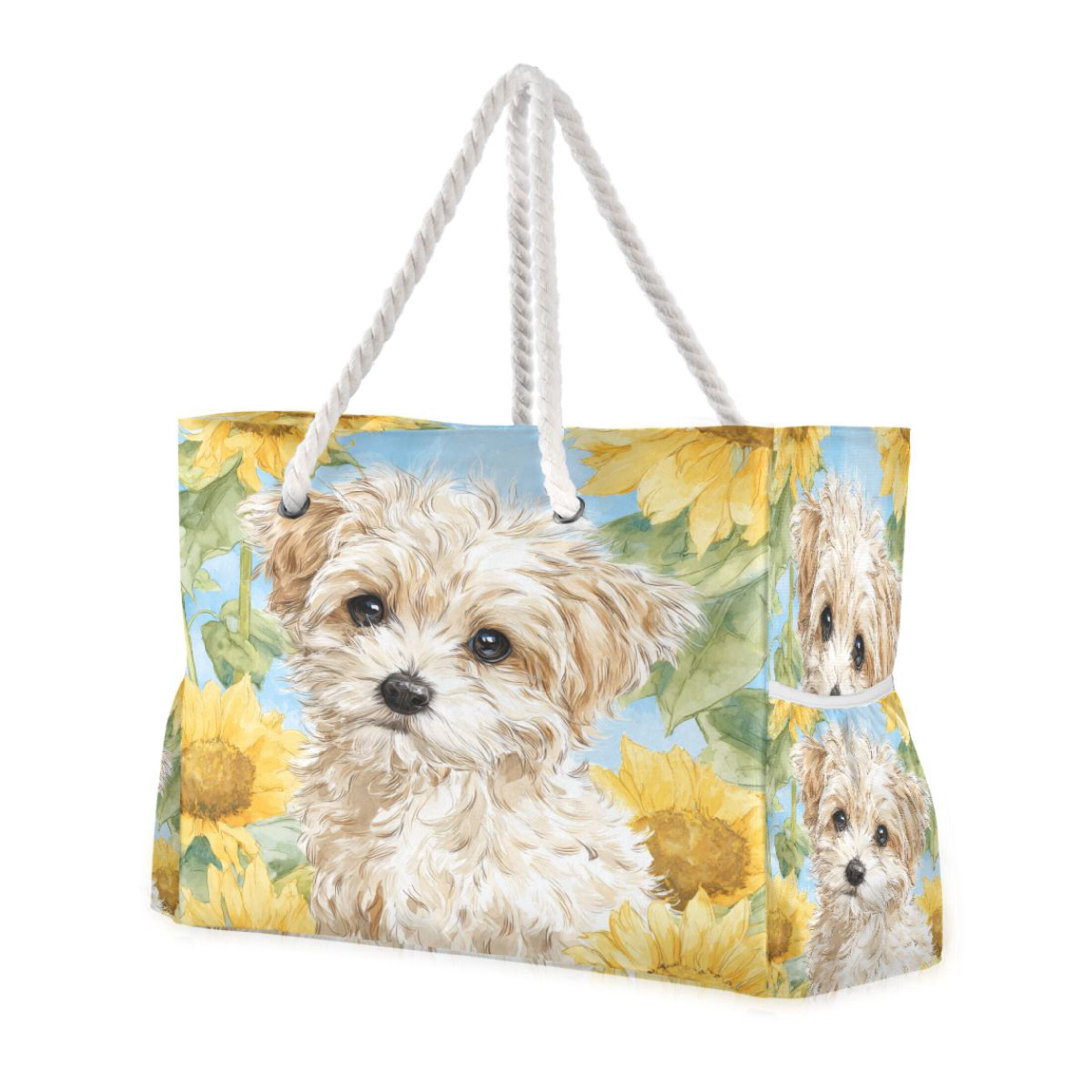 20.5"x15" Large Beach Tote Bag with Rope Handles, Waterproof Nylon, Zipper Closure, Multi-Pockets for Travel, Pool & Daily Use Cute Cream-colored Maltipoo Puppy