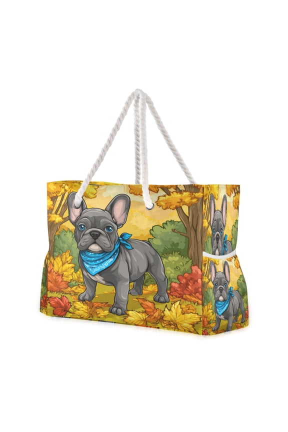 20.5"x15" Large Beach Tote Bag with Rope Handles, Waterproof Nylon, Zipper Closure, Multi-Pockets for Travel, Pool & Daily Use Cute Gray French Bulldog
