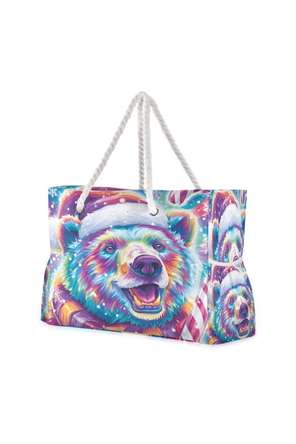 20.5"x15" Large Beach Tote Bag with Rope Handles, Waterproof Nylon, Zipper Closure, Multi-Pockets for Travel, Pool & Daily Use Cute Smiling Polar Bear