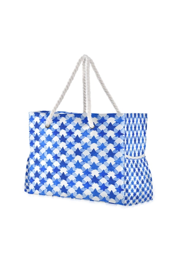20.5"x15" Large Beach Tote Bag with Rope Handles, Waterproof Nylon, Zipper Closure, Multi-Pockets for Travel, Pool & Daily Use Dark Blue Five-pointed Star