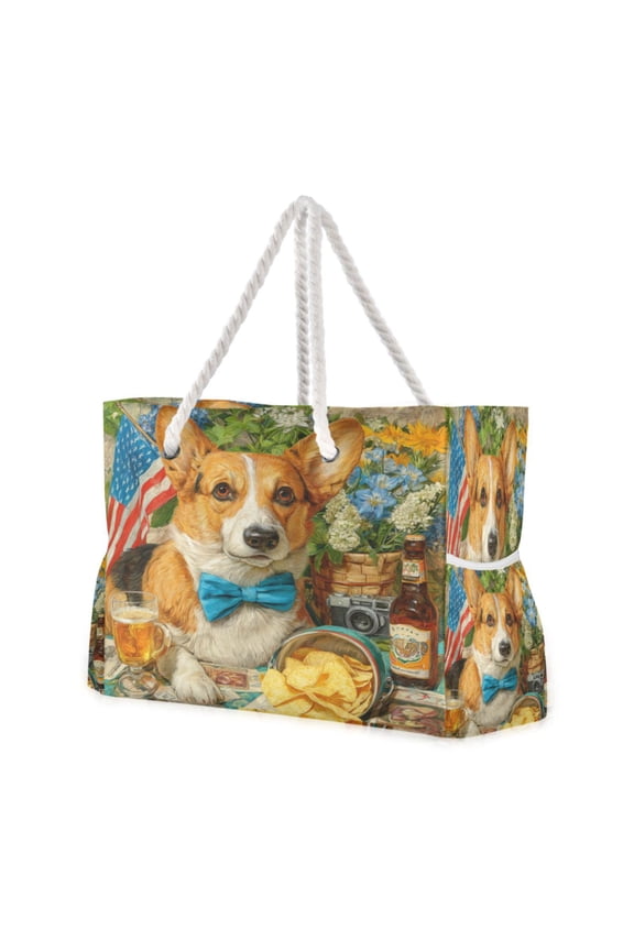 20.5"x15" Large Beach Tote Bag with Rope Handles, Waterproof Nylon, Zipper Closure, Multi-Pockets for Travel, Pool & Daily Use Elegant Corgi and Afternoon Tea