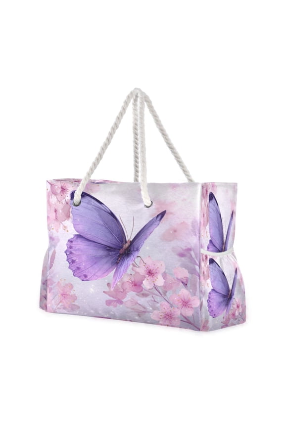 20.5"x15" Large Beach Tote Bag with Rope Handles, Waterproof Nylon, Zipper Closure, Multi-Pockets for Travel, Pool & Daily Use Gothic Sakura Butterfly