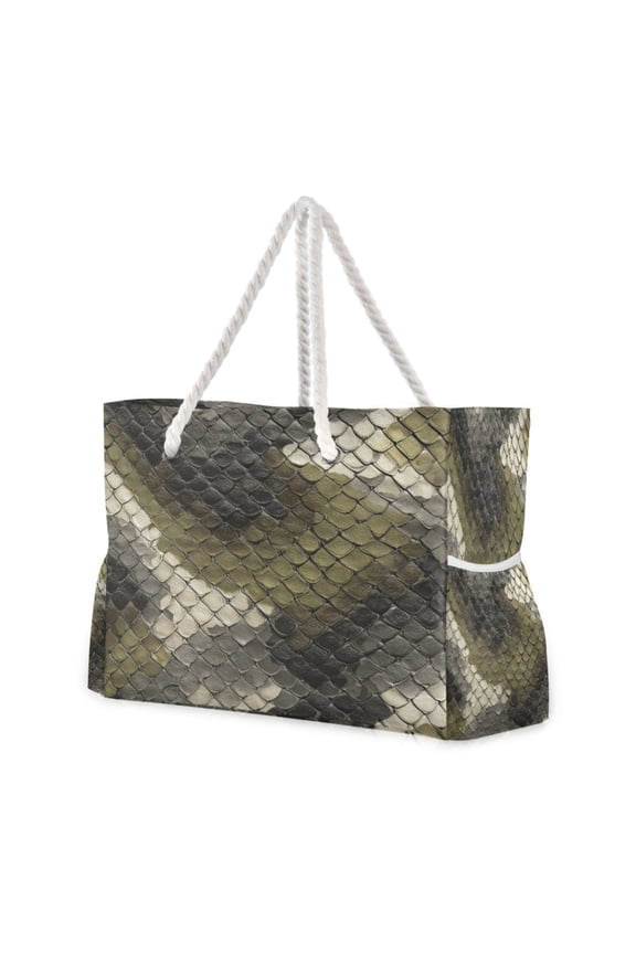 20.5"x15" Large Beach Tote Bag with Rope Handles, Waterproof Nylon, Zipper Closure, Multi-Pockets for Travel, Pool & Daily Use Greenish-brown Snake Skin Print Pattern