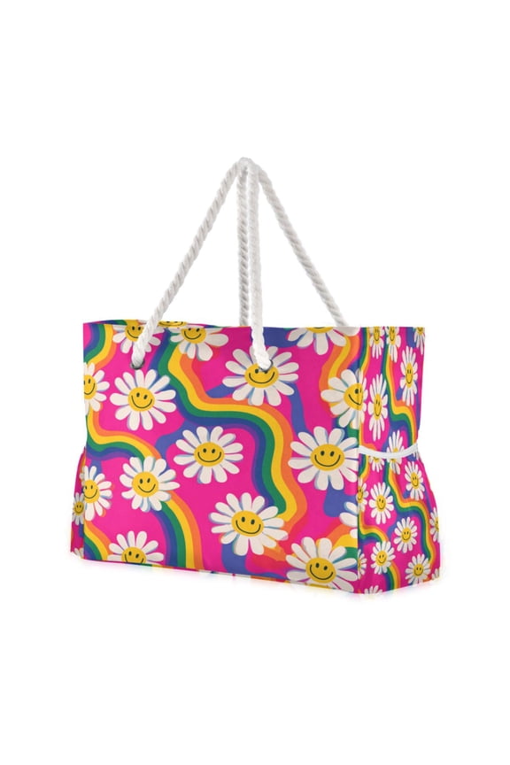 20.5"x15" Large Beach Tote Bag with Rope Handles, Waterproof Nylon, Zipper Closure, Multi-Pockets for Travel, Pool & Daily Use Groovy Daisies with Smiley Faces