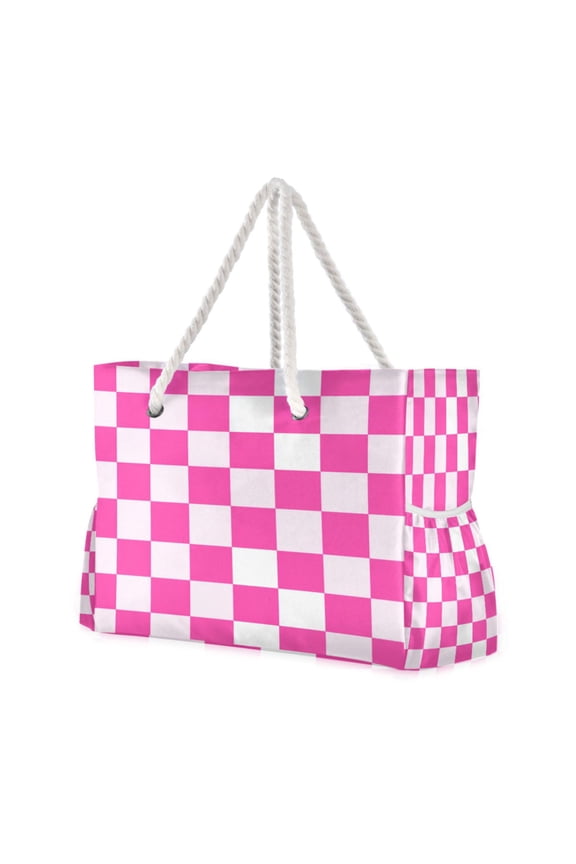 20.5"x15" Large Beach Tote Bag with Rope Handles, Waterproof Nylon, Zipper Closure, Multi-Pockets for Travel, Pool & Daily Use Hot Pink Checkered Pattern