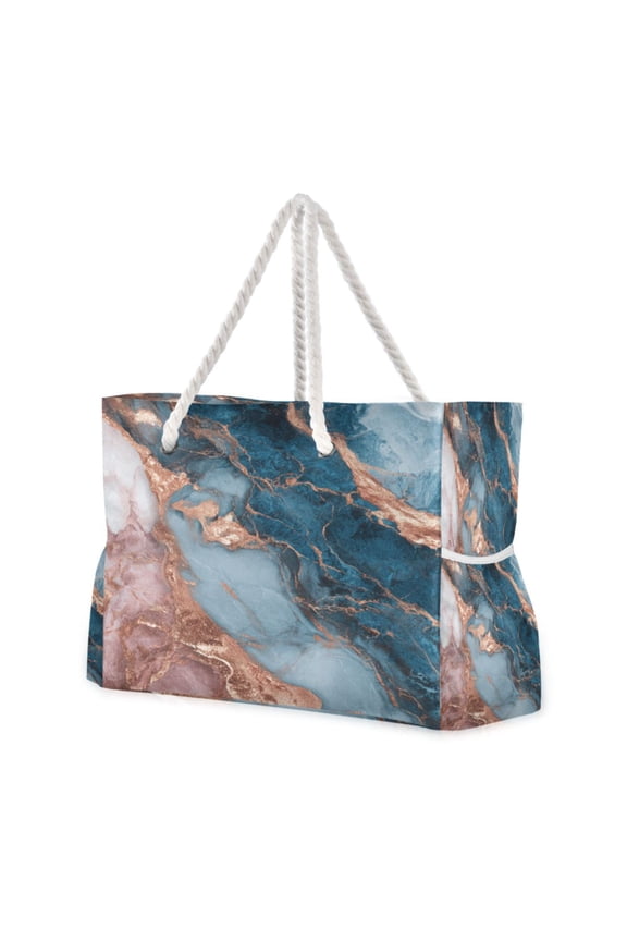 20.5"x15" Large Beach Tote Bag with Rope Handles, Waterproof Nylon, Zipper Closure, Multi-Pockets for Travel, Pool & Daily Use Luxury Mermaid Marble Texture