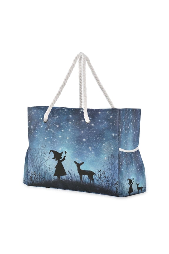 20.5"x15" Large Beach Tote Bag with Rope Handles, Waterproof Nylon, Zipper Closure, Multi-Pockets for Travel, Pool & Daily Use Magic Witch and The Moose