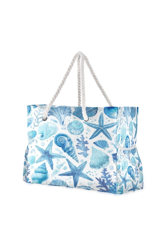 20.5"x15" Large Beach Tote Bag with Rope Handles, Waterproof Nylon, Zipper Closure, Multi-Pockets for Travel, Pool & Daily Use Ocean-inspired Sea Creatures Pattern