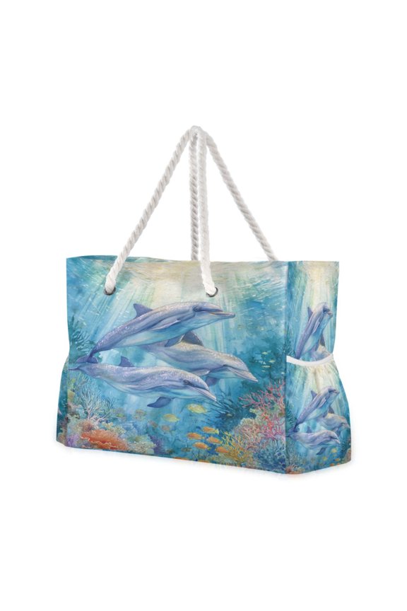 20.5"x15" Large Beach Tote Bag with Rope Handles, Waterproof Nylon, Zipper Closure, Multi-Pockets for Travel, Pool & Daily Use Oceanic Dolphin Watercolor Art