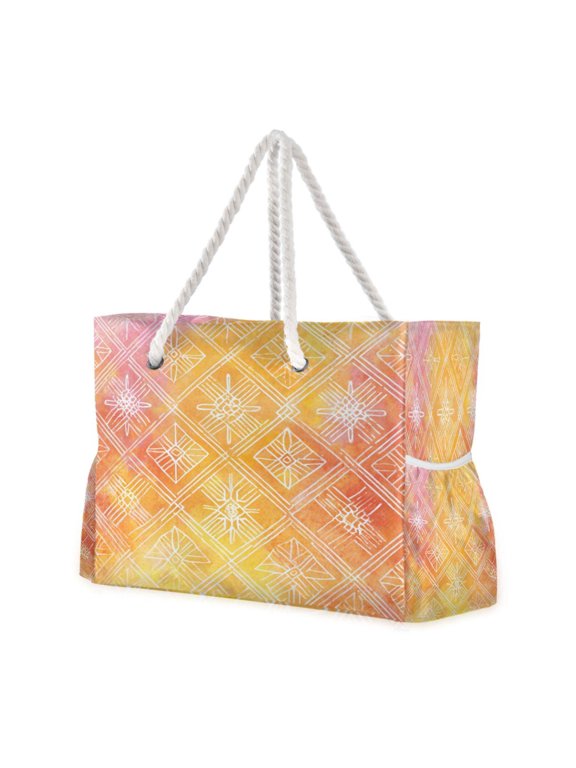 20.5"x15" Large Beach Tote Bag with Rope Handles, Waterproof Nylon, Zipper Closure, Multi-Pockets for Travel, Pool & Daily Use Orange Watercolor Batik Print
