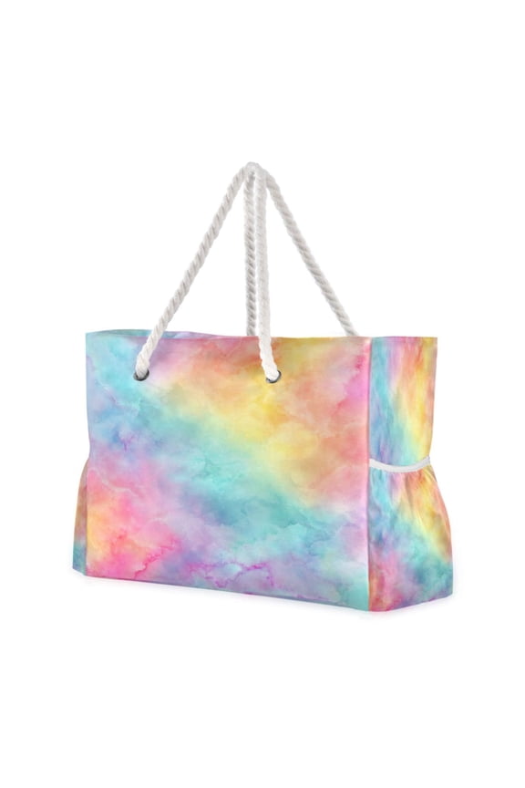 20.5"x15" Large Beach Tote Bag with Rope Handles, Waterproof Nylon, Zipper Closure, Multi-Pockets for Travel, Pool & Daily Use Pastel Rainbow Tie-dye Pattern