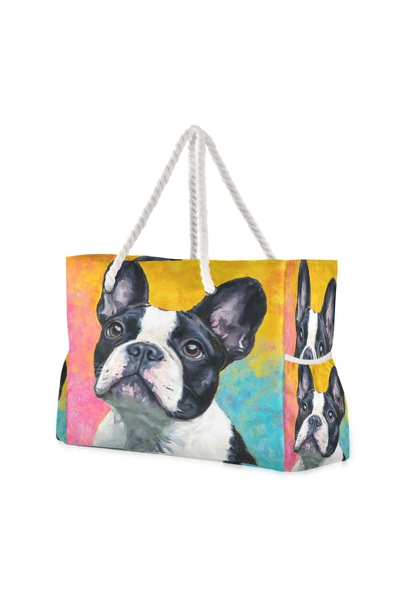 20.5"x15" Large Beach Tote Bag with Rope Handles, Waterproof Nylon, Zipper Closure, Multi-Pockets for Travel, Pool & Daily Use Rainbow French Bulldog Canvas