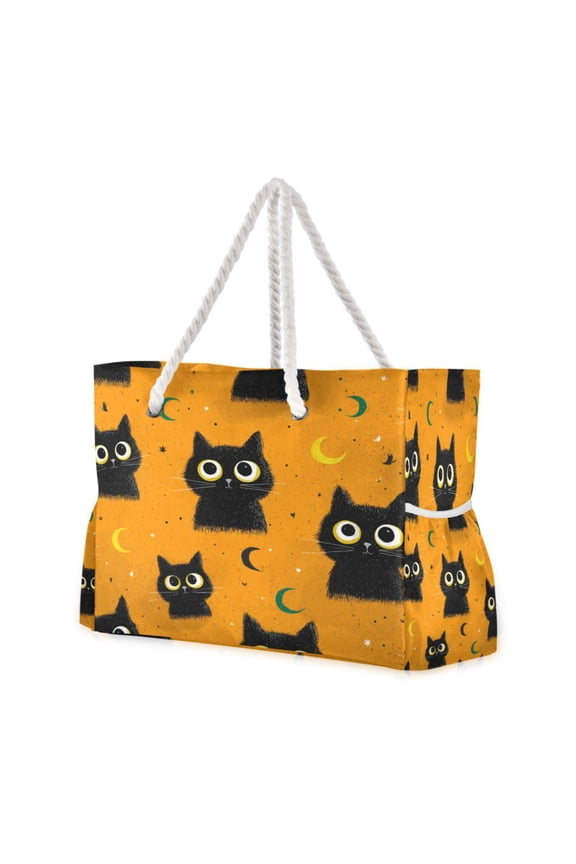 20.5"x15" Large Beach Tote Bag with Rope Handles, Waterproof Nylon, Zipper Closure, Multi-Pockets for Travel, Pool & Daily Use Repeating Pattern Of Big-eyed Cat