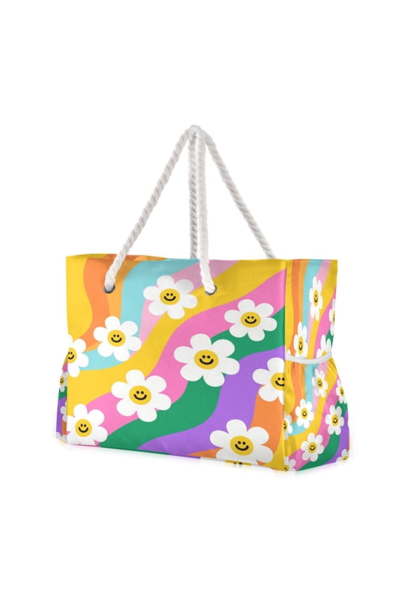20.5"x15" Large Beach Tote Bag with Rope Handles, Waterproof Nylon, Zipper Closure, Multi-Pockets for Travel, Pool & Daily Use Smiley Daisy on Rainbow Background