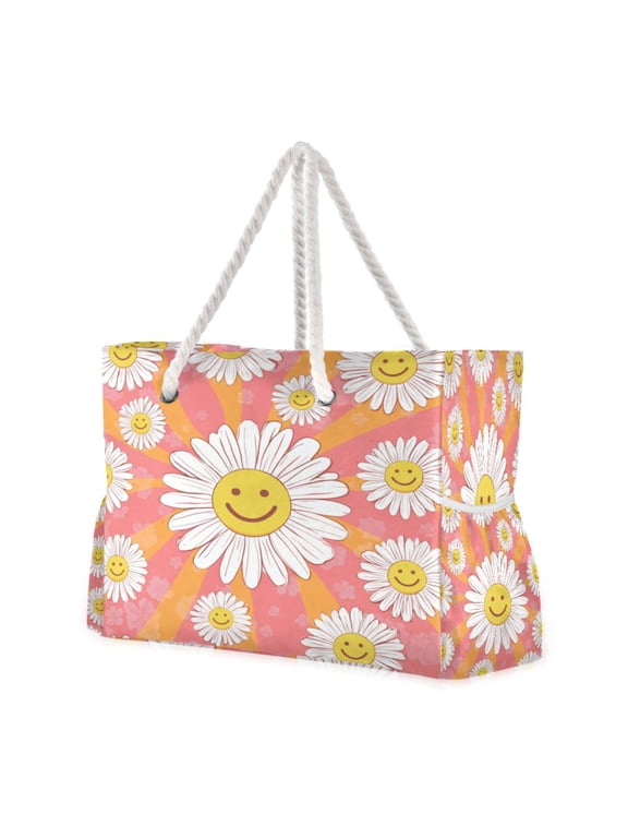 20.5"x15" Large Beach Tote Bag with Rope Handles, Waterproof Nylon, Zipper Closure, Multi-Pockets for Travel, Pool & Daily Use Smiley Face on Orange Background