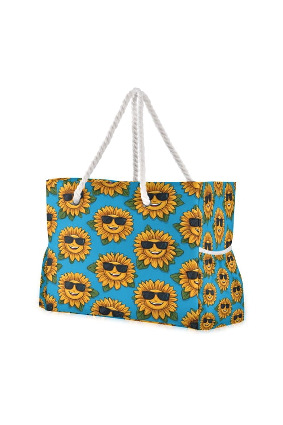 20.5"x15" Large Beach Tote Bag with Rope Handles, Waterproof Nylon, Zipper Closure, Multi-Pockets for Travel, Pool & Daily Use Smiley Sunglasses Sunflowers